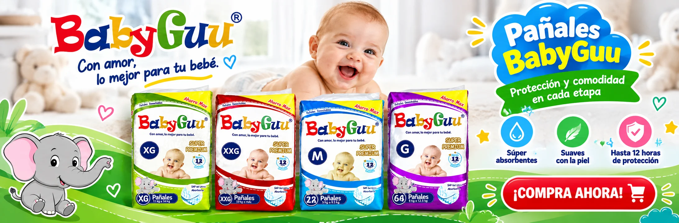 Anuncio colorido de pañales BabyGuu